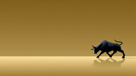 A powerful black bull strides against a minimalistic golden backdrop symbolizing strength and determination.の素材