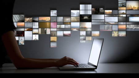 A person interacts with a laptop in a contemporary workspace highlighting digital engagement.の素材