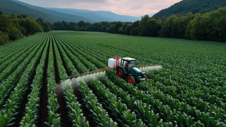 Aerial view of a tractor efficiently spraying crops in a vibrant agricultural field.の素材