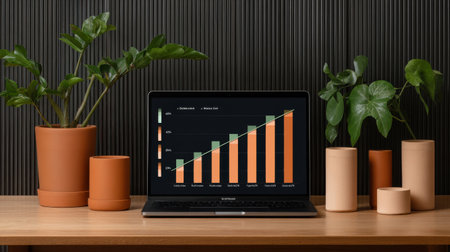 A sleek digital chart illustrates business growth amidst vibrant plants in a modern home office.の素材