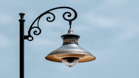 A beautiful street lamp casts light in an urban landscape showcasing architectural elegance.の素材