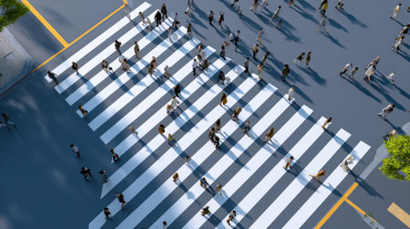 A bustling crosswalk filled with diverse pedestrians moving through an urban landscape.の素材