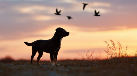A dog stands quietly at sunset framed by a tranquil landscape capturing a serene moment in nature.の素材