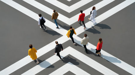 A diverse group of people crosses paths in a bustling urban environment showcasing dynamic city life.の素材