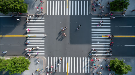 A bustling aerial view captures pedestrians navigating a busy urban crosswalk.の素材