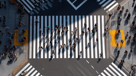 A bustling urban crosswalk captures the vibrant movement of city life from above.の素材