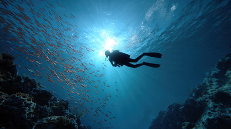 A diver swims through a colorful coral reef surrounded by schools of fish in a serene underwater world.の素材
