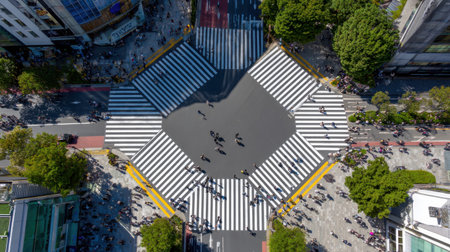 An aerial view captures the vibrant activity of pedestrians navigating a busy Tokyo intersection.の素材