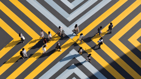 Aerial view of pedestrians navigating vibrant geometric patterns on city streets.の素材