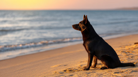 A black dog gazes at the sunset by the beach embodying tranquility and connection with nature.の素材