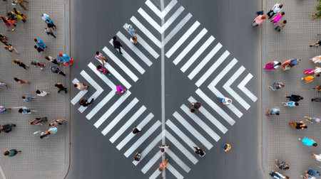 An aerial view captures a bustling crowd navigating a uniquely designed zebra crossing in a vibrant urban setting.の素材