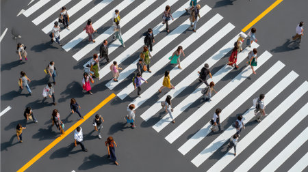 A vibrant urban scene featuring a diverse crowd of pedestrians navigating a busy crosswalk.の素材
