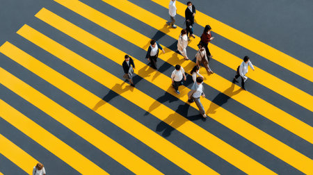 A bustling scene captures pedestrians crossing a vibrant crosswalk under the midday sun.の素材