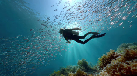 A diver swims through a lively coral reef showcasing the beauty of marine life.の素材