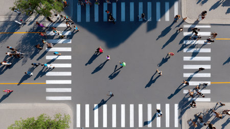 A bustling city intersection filled with pedestrians crossing in different directions.の素材