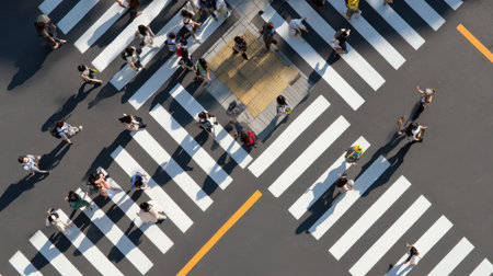 A bustling city crosswalk captures the dynamic movement of people navigating urban life.の素材