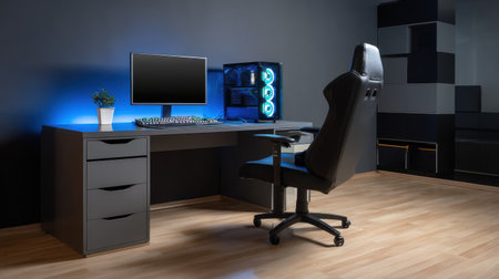 Explore a sleek gaming setup featuring a stylish chair and desk in a minimalist environment.の素材