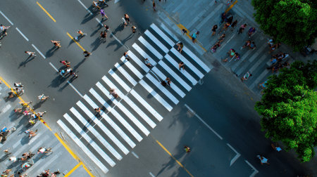 A bustling city intersection captures the vibrant flow of pedestrians crossing the street.の素材