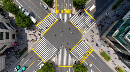 Aerial view captures the vibrant activity of pedestrians navigating a busy urban crosswalk.の素材