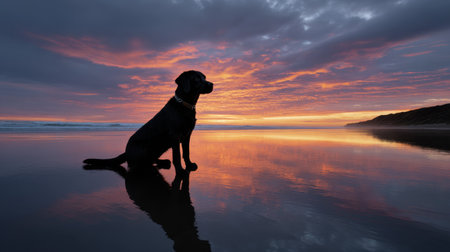 A serene scene of a dog basking in the beauty of a colorful sunset on the beach.の素材