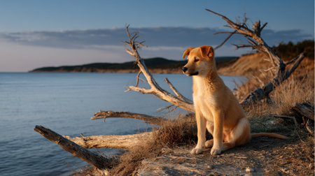 A golden retriever sits peacefully by the water enjoying a beautiful sunset by the beach.の素材