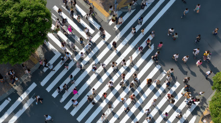 A bustling urban intersection with diverse pedestrians crossing a busy street from above.の素材