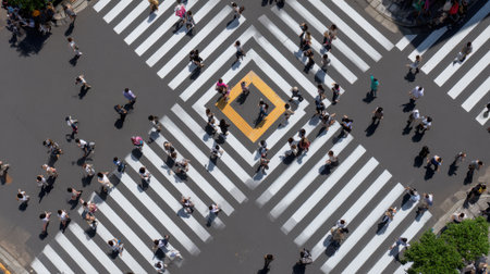 An aerial perspective captures the bustling movement of people at a city pedestrian crossing.の素材
