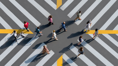 A vibrant scene showing diverse individuals crossing a bustling urban intersection.の素材
