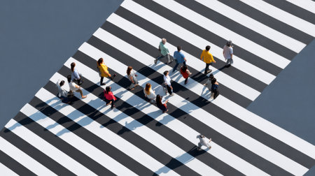 A vibrant scene of diverse pedestrians crossing a city street showcasing urban life and interaction.の素材