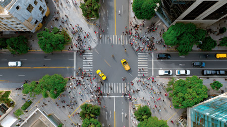 A bustling city intersection filled with pedestrians and vehicles showcasing urban life.の素材