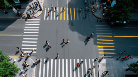 A bustling city intersection filled with pedestrians crossing the street during peak hours.の素材