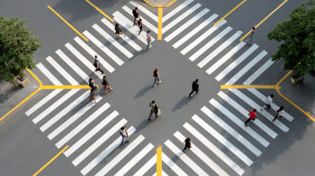 An aerial perspective of pedestrians navigating through a bustling city intersection.の素材