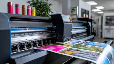A high-tech printer at work producing vibrant prints in a bright print shop setting.の素材