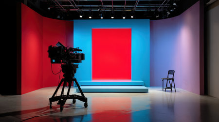 A vibrant studio setup ideal for creative filming showcasing colorful backgrounds and professional equipment.の素材