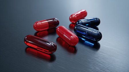 Brightly colored capsules lie on a sleek surface symbolizing health and medicine.の素材