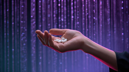 A hand holds pills symbolizing health choices amidst a vibrant backdrop.の素材