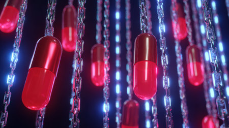 A captivating display of red capsules suspended from chains evoking a futuristic ambiance.の素材