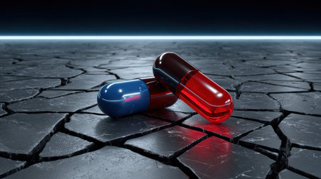 A close-up view of red and blue capsules on a cracked surface representing health choices.の素材