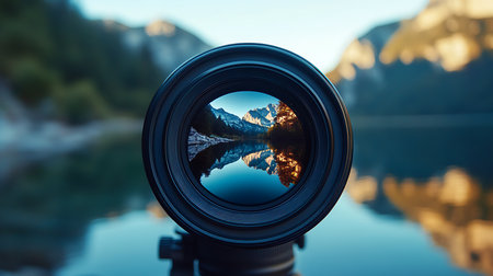 A photographer captures the serene beauty of a lake reflecting mountains at dawn.の素材