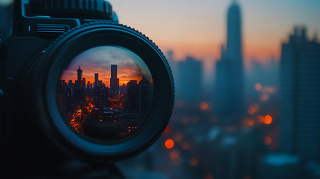 A stunning reflection of a city skyline at sunset captured through a camera lens.の素材