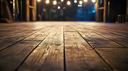 Explore the charm of a rustic venue's wooden floor illuminated by soft warm lights in a cozy atmosphere.の素材