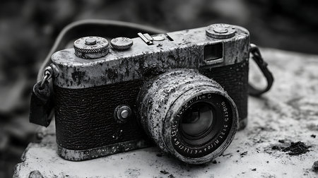 Explore the essentials of photography gear set against a vibrant forest backdrop.の素材