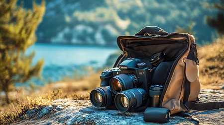 Explore the essential photography gear and setup amidst a stunning natural landscape.の素材