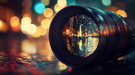 A stunning reflection of a bustling city captured through a camera lens at night.の素材