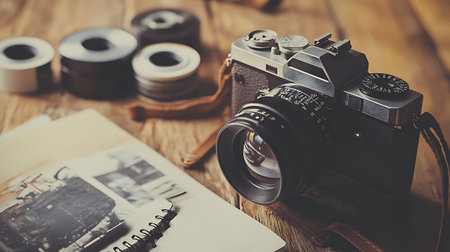 Explore the charm of vintage photography with a classic camera and artistic setup.の素材