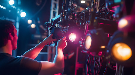 A technician prepares stage lights for an upcoming concert ensuring vibrant visuals for the audience.の素材