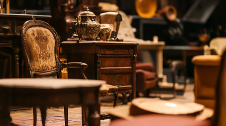 Explore a captivating display of antique furniture highlighting timeless craftsmanship and vintage charm.の素材