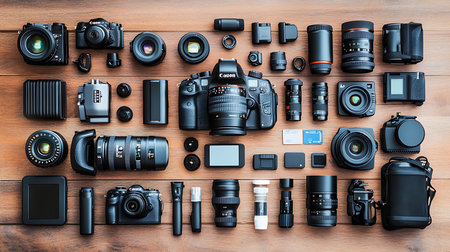 Explore a detailed arrangement of photography equipment showcasing the art of capturing moments.の素材