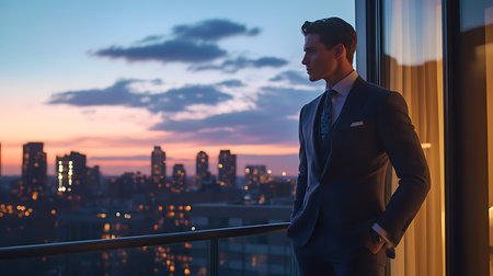 A businessman gazes out over the city skyline contemplating his next move as the sun sets.の素材