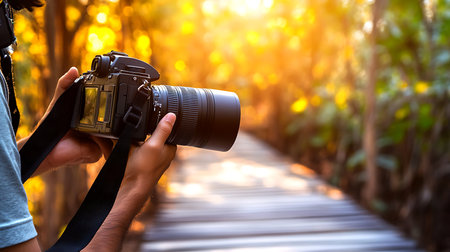 A photographer captures stunning moments in nature during a golden hour.の素材